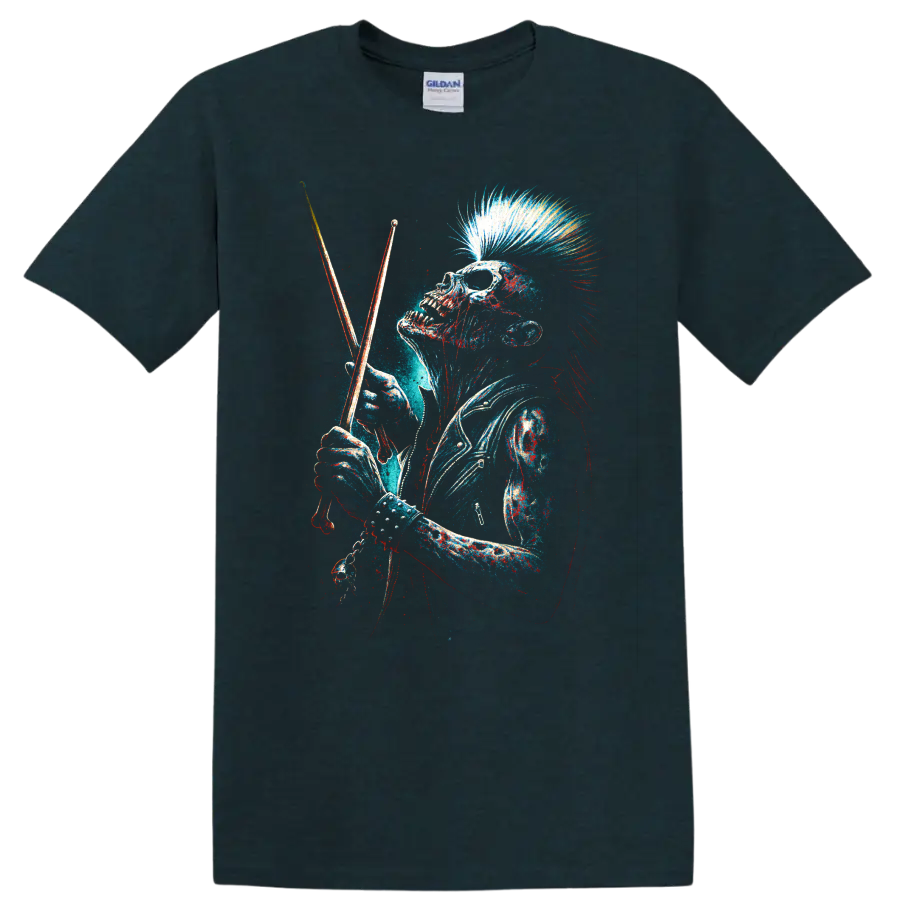 Punk rock skull drummer with mohawk holding drumsticks, distressed graphic art on a Midnight (Green) T Shirt