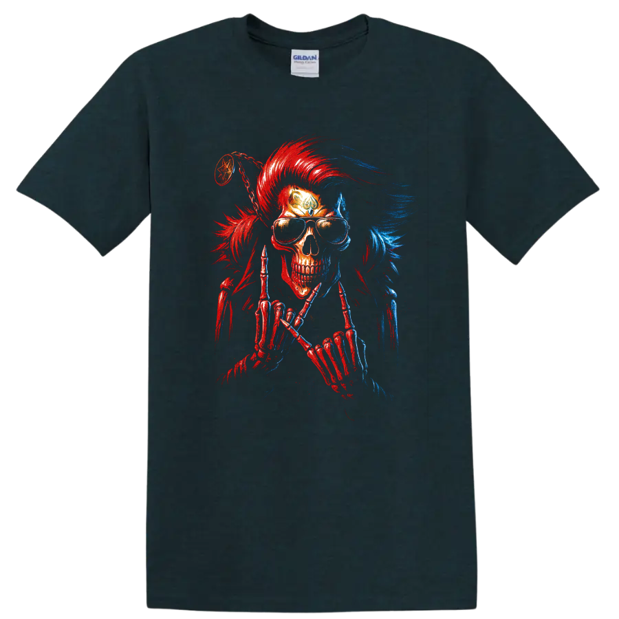 Gothic skull warrior with red and blue mohawk, sunglasses, and skeletal hands on a Midnight (Green) T Shirt
