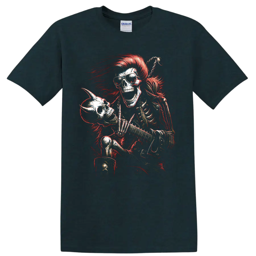 Gothic skeleton guitarist with sunglasses, red mohawk, and electric guitar on a Midnight (Green) T Shirt