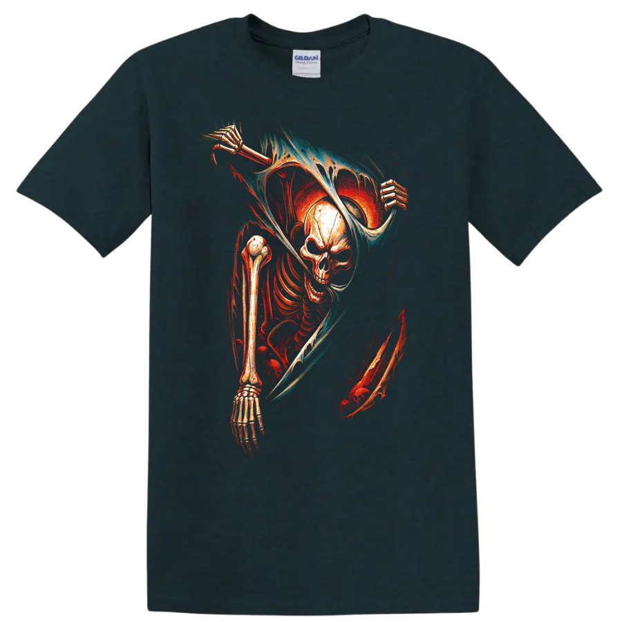 Skull reaper with hooded skeletal figure in vivid gothic horror art on a Midnight (Green) T Shirt