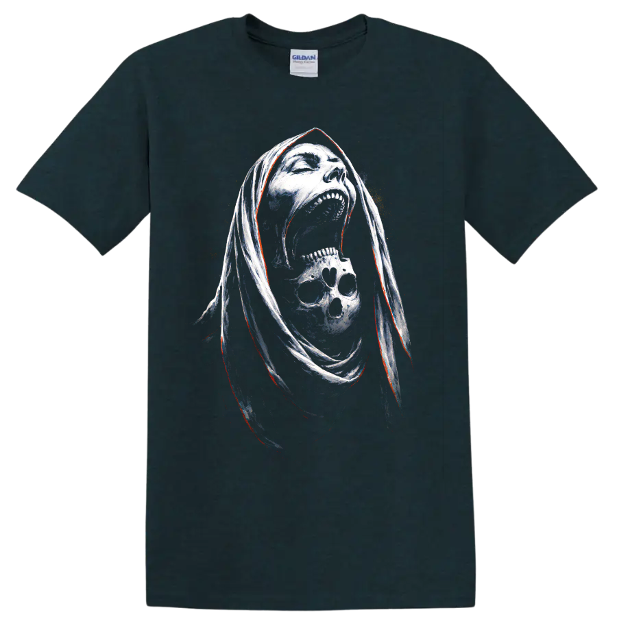 Hooded reaper skull graphic with screaming face and smaller skull on a Midnight (Green) T Shirt