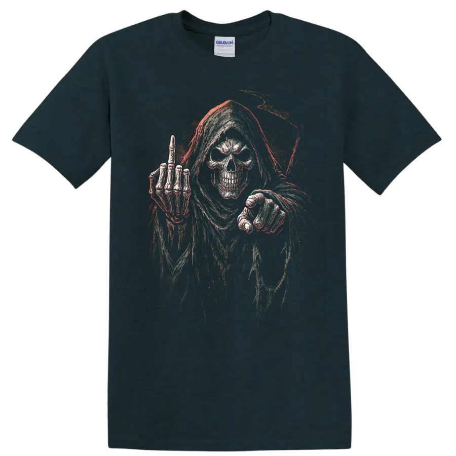 Distressed grim reaper skull gothic horror skeleton graphic on a Midnight (Green) T Shirt