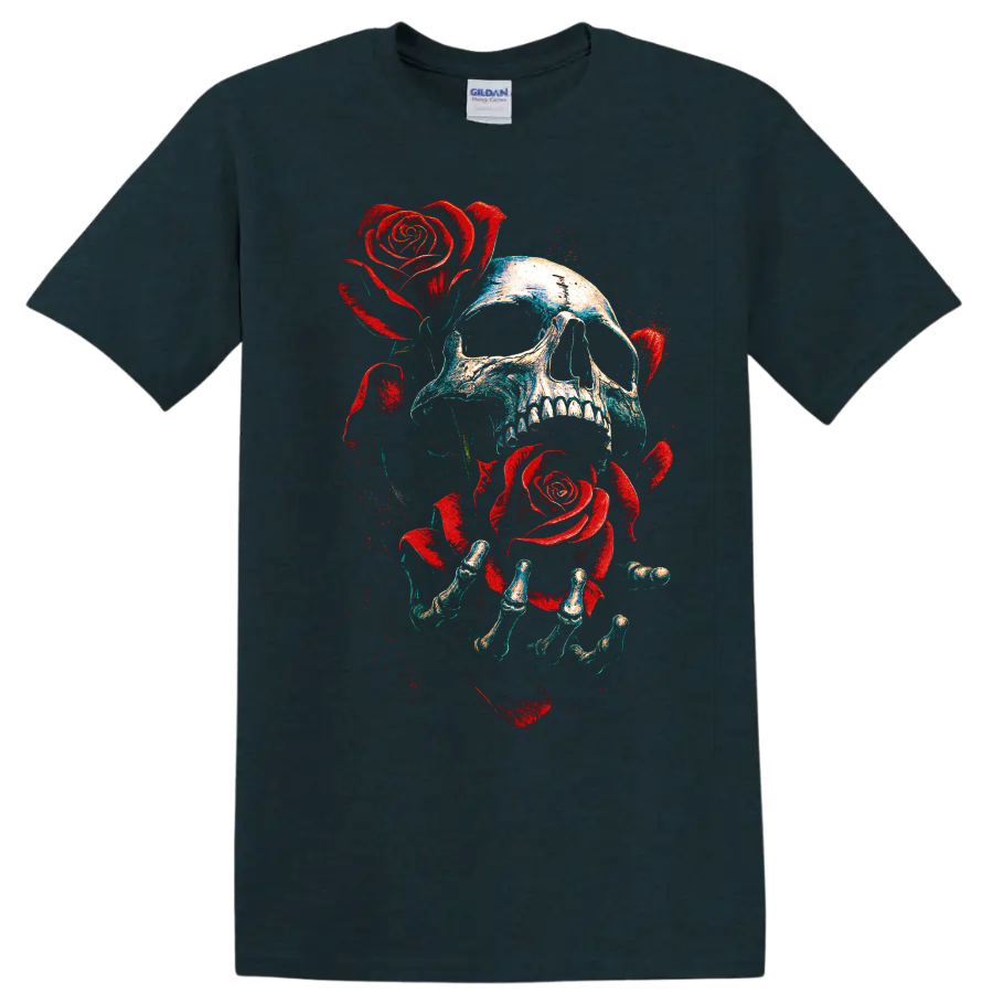 Gothic skull with red roses and skeletal hands distressed graphic on a Midnight (Green) T Shirt