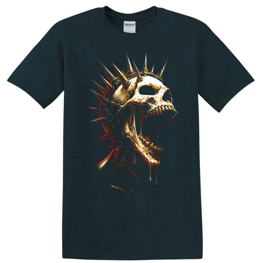 Spiked crown skull graphic in distressed gothic horror style on a Midnight (Green) T Shirt