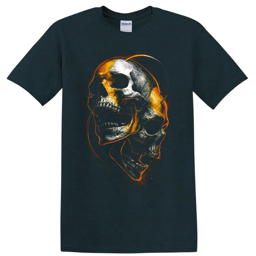 Fiery distressed gothic skull skeleton graphic with orange sparks on a Midnight (Green) T Shirt