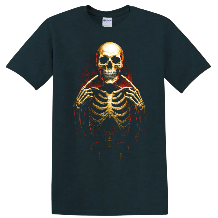 Golden skeleton skull graphic with red grunge horror styling on a Midnight (Green) T Shirt