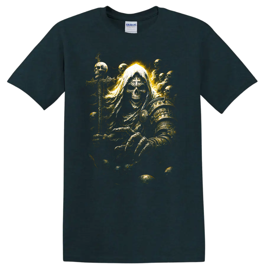 Hooded skull reaper in ornate golden armor with ghostly smoke on a Midnight (Green) T Shirt