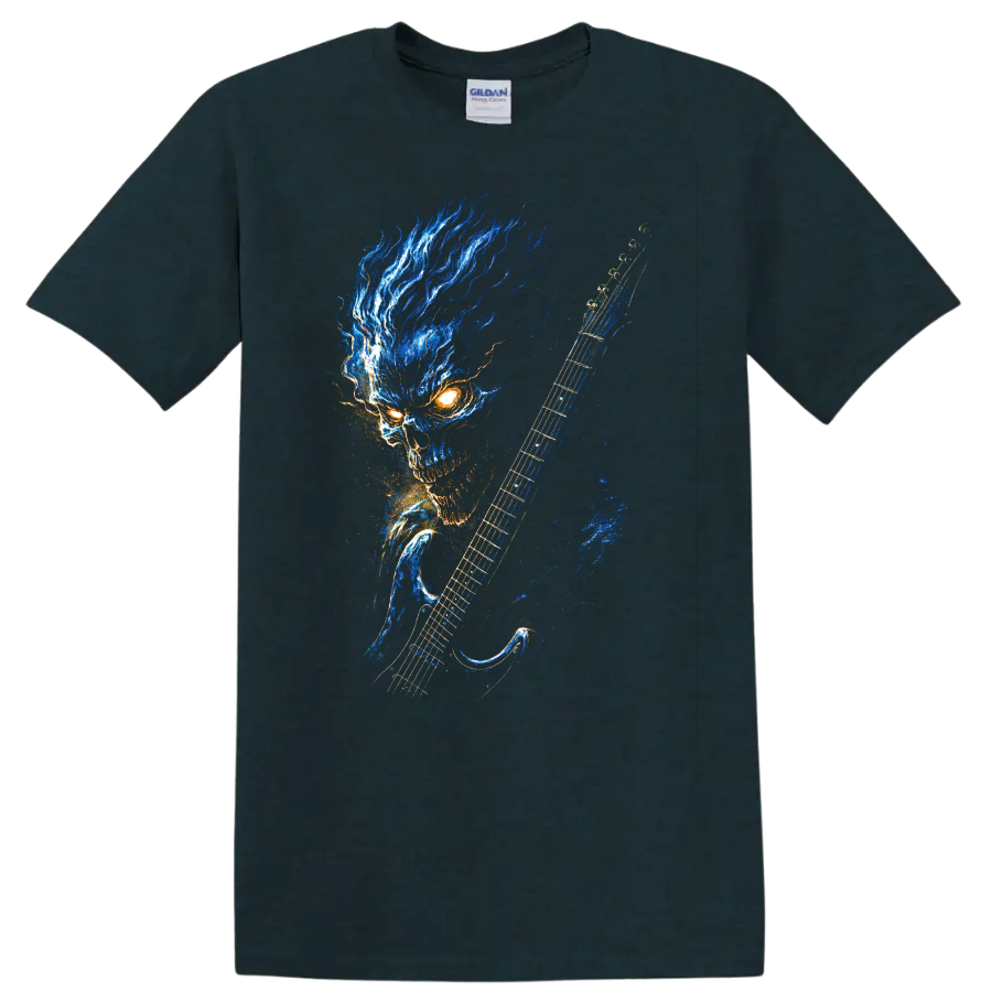 Blue flame skull with electric guitar gothic rock graphic on a Midnight (Green) T Shirt