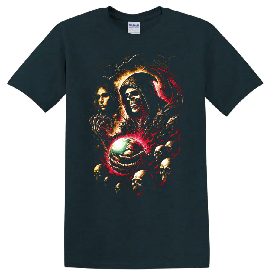 Gothic reaper skull and raven horror art with red and gold details on a Midnight (Green) T Shirt