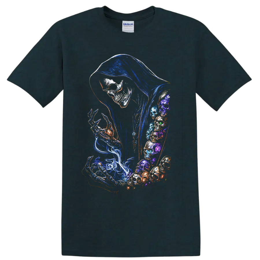 Hooded skull reaper graphic with neon blue hood and swirling colorful skull art on a Midnight (Green) T Shirt