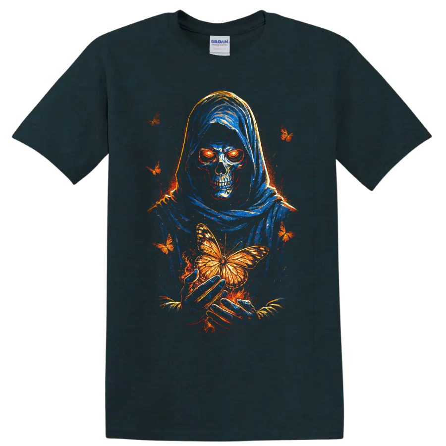 Hooded skeleton skull holding an orange butterfly, gothic distressed art on a Midnight (Green) T Shirt