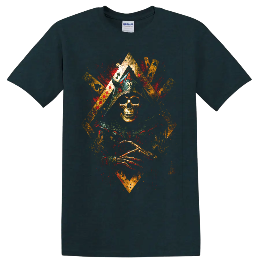 Distressed gothic skull graphic with crossed golden elements and red accents on a Midnight (Green) T Shirt