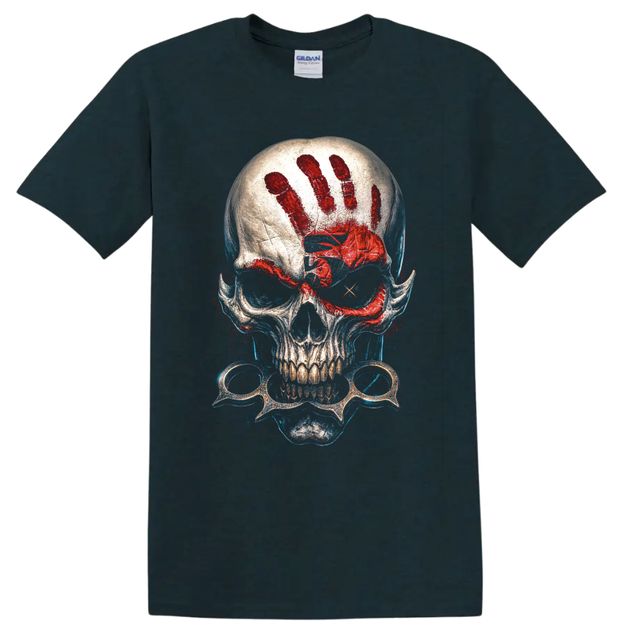 Gothic skull graphic with red handprint, spectacles, and blue splatter on a Midnight (Green) T Shirt