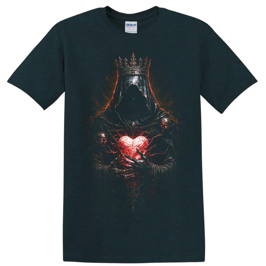 Crowned hooded skull with red heart gothic horror graphic on a Midnight (Green) T Shirt