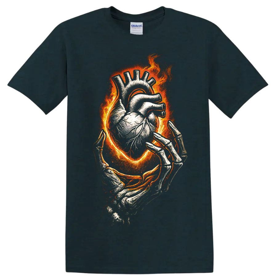 Flaming anatomical heart held by skeletal hands with gothic horror artwork on a Midnight (Green) T Shirt