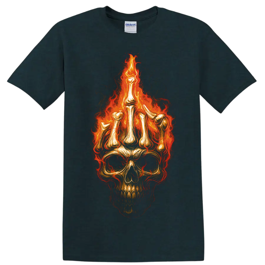 Flaming skull graphic with glowing gothic fire and distressed dark art on a Midnight (Green) T Shirt