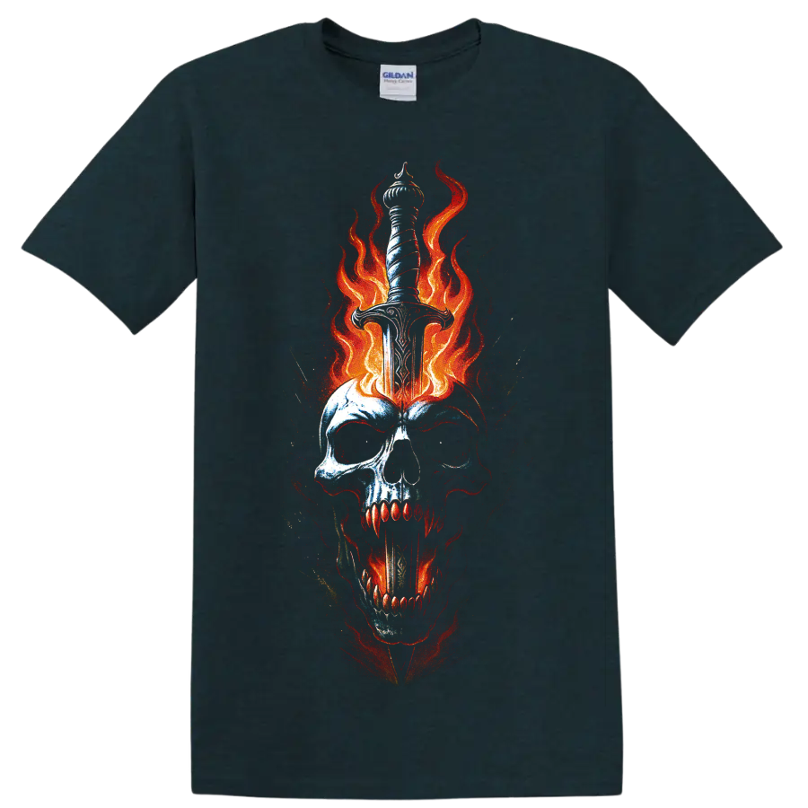 Fiery skull pierced by a dagger with red-orange flames, gothic horror art on a Midnight (Green) T Shirt