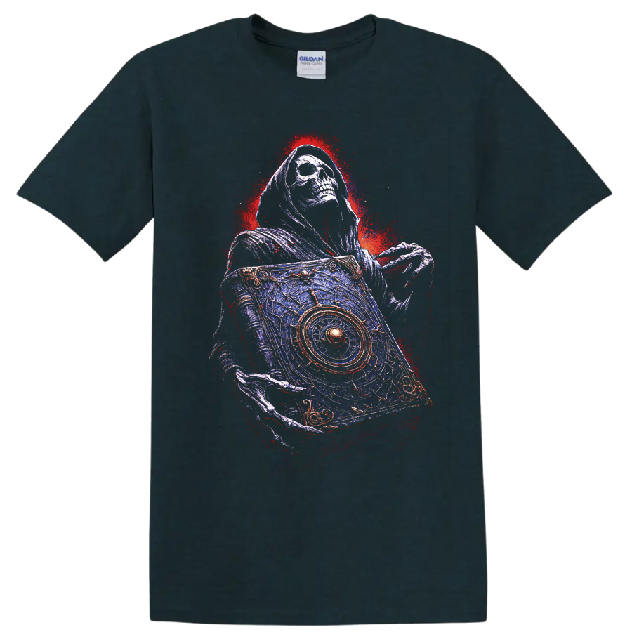 Hooded skull holding an ornate occult card in distressed gothic art style on a Midnight (Green) T Shirt
