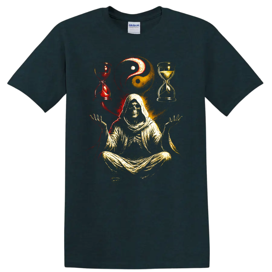Hooded skull reaper meditating with yin yang and red-gold hourglasses on a Midnight (Green) T Shirt