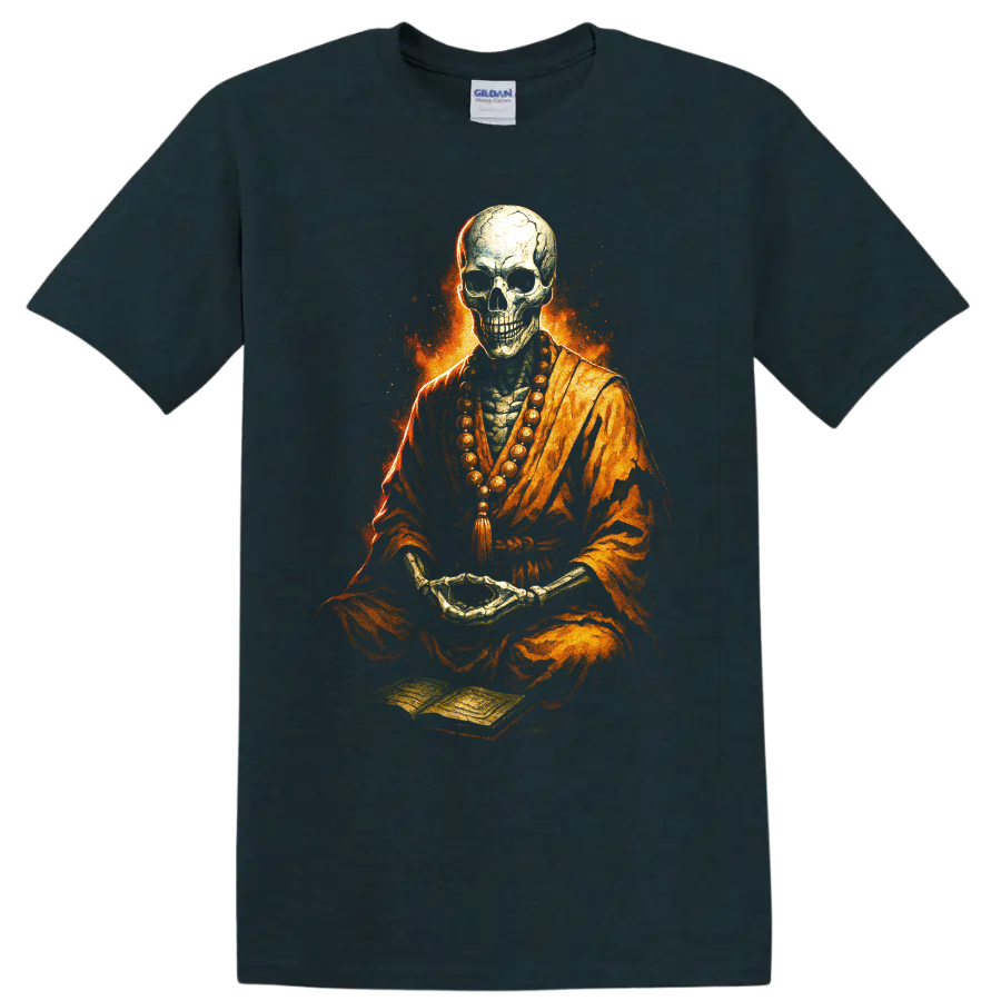 Fiery meditating skull skeleton in orange robes with prayer beads on a Midnight (Green) T Shirt