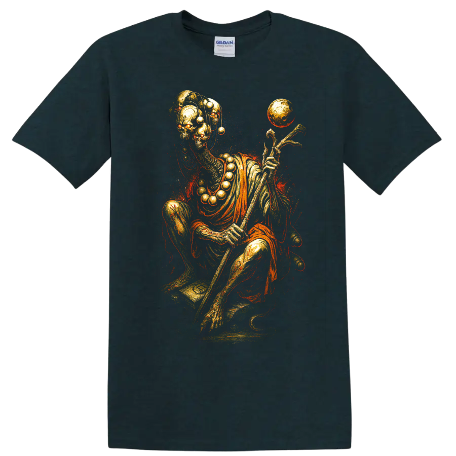 Golden skeleton skull with floating orb, surreal gothic graphic art on a Midnight (Green) T Shirt