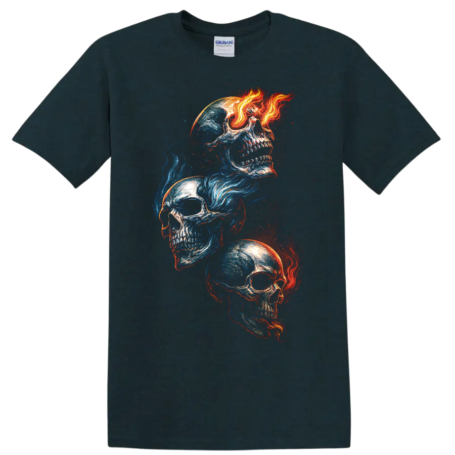 Three skulls in blue and red fire-and-ice gothic graphic art on a Midnight (Green) T Shirt