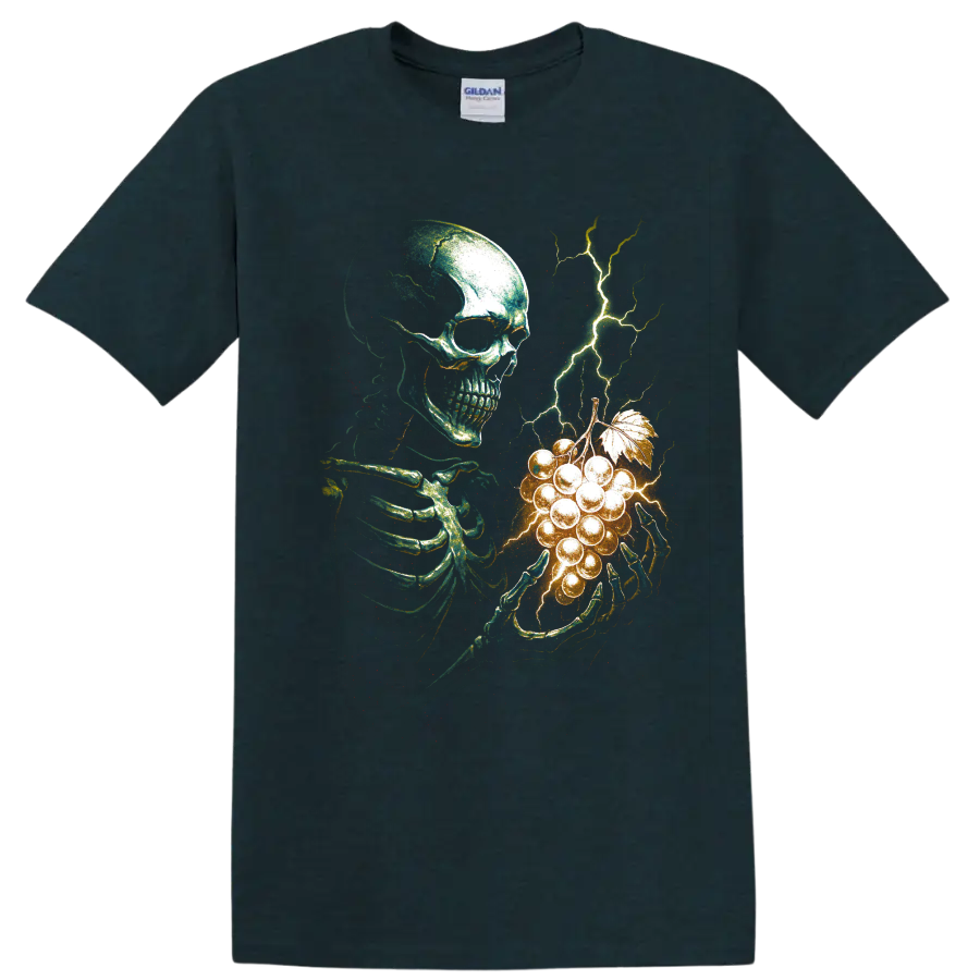 Gothic skeleton holding glowing grapes with branching lightning on a Midnight (Green) T Shirt