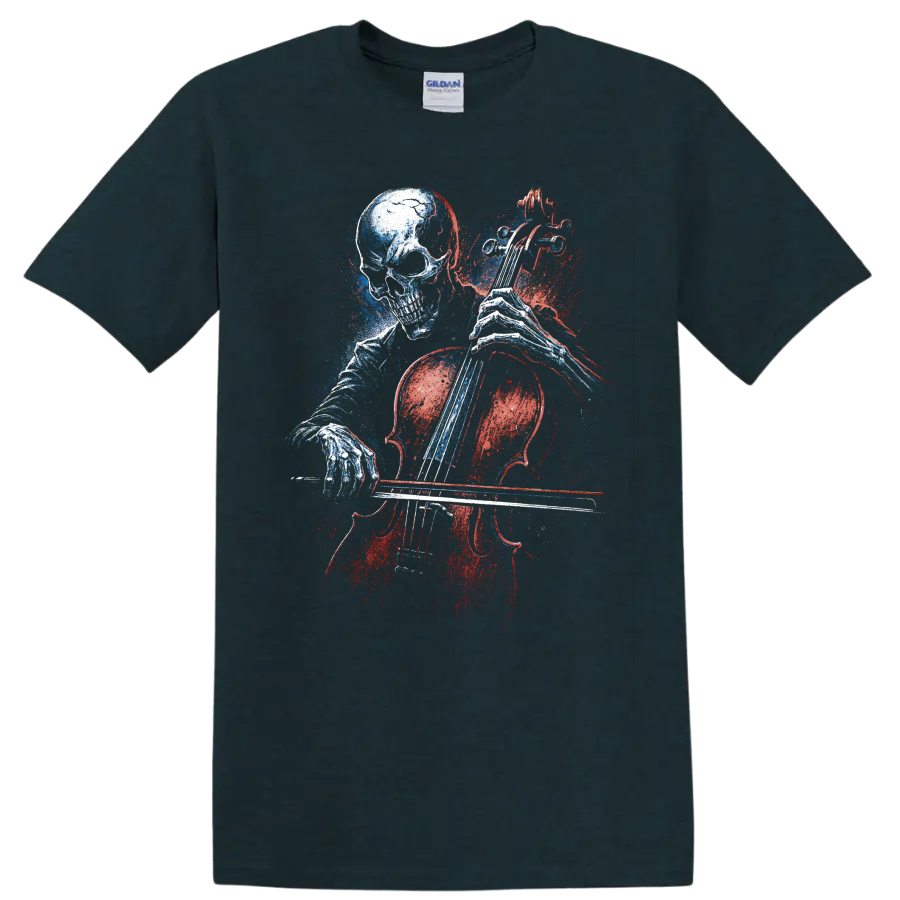 Gothic skull playing cello in distressed red and blue graphic art on a Midnight (Green) T Shirt