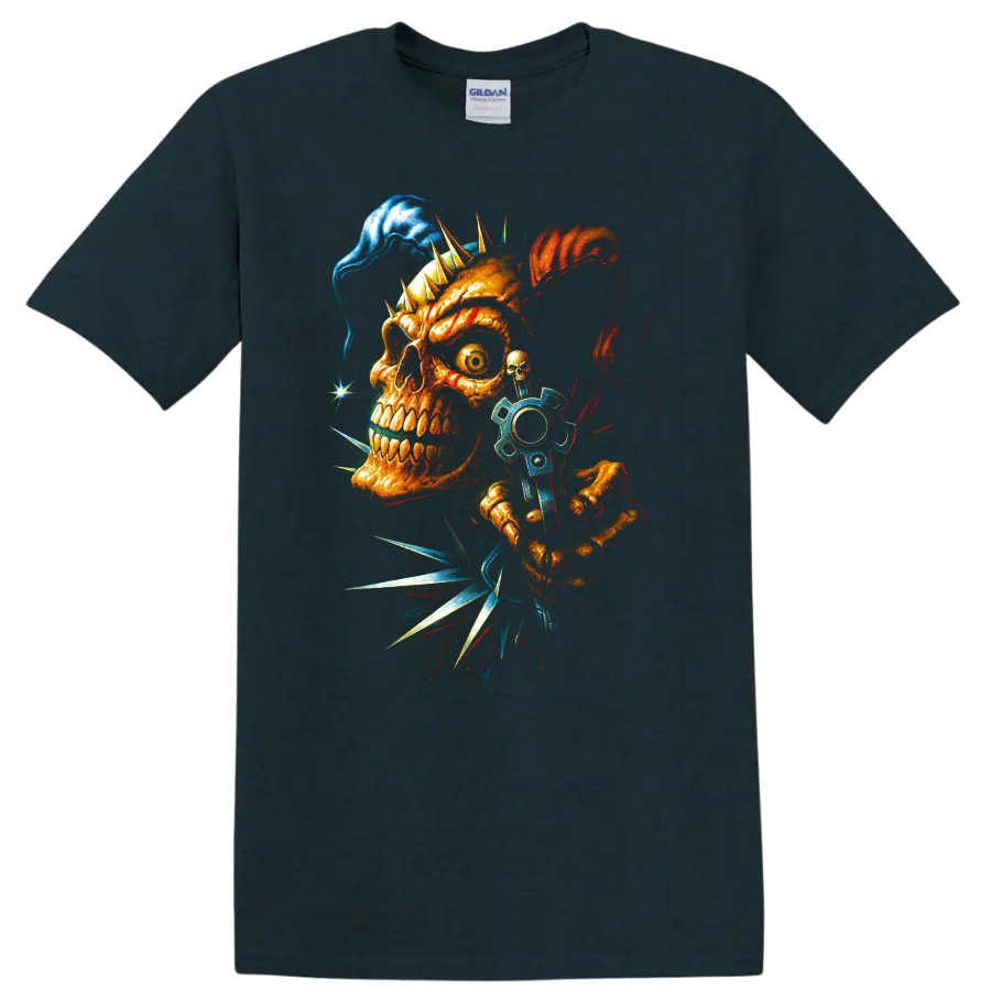 Punk skull with spikes and blue gear gothic horror graphic art on a Midnight (Green) T Shirt