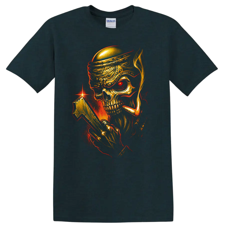 Pirate skull with ornate hat and golden cutlass gothic graphic on a Midnight (Green) T Shirt
