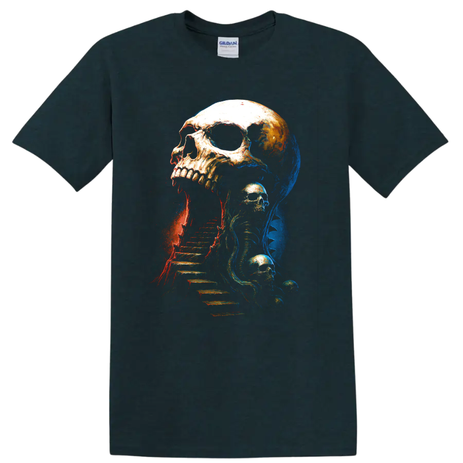 Gothic skull and skeleton staircase horror graphic art on a Midnight (Green) T Shirt