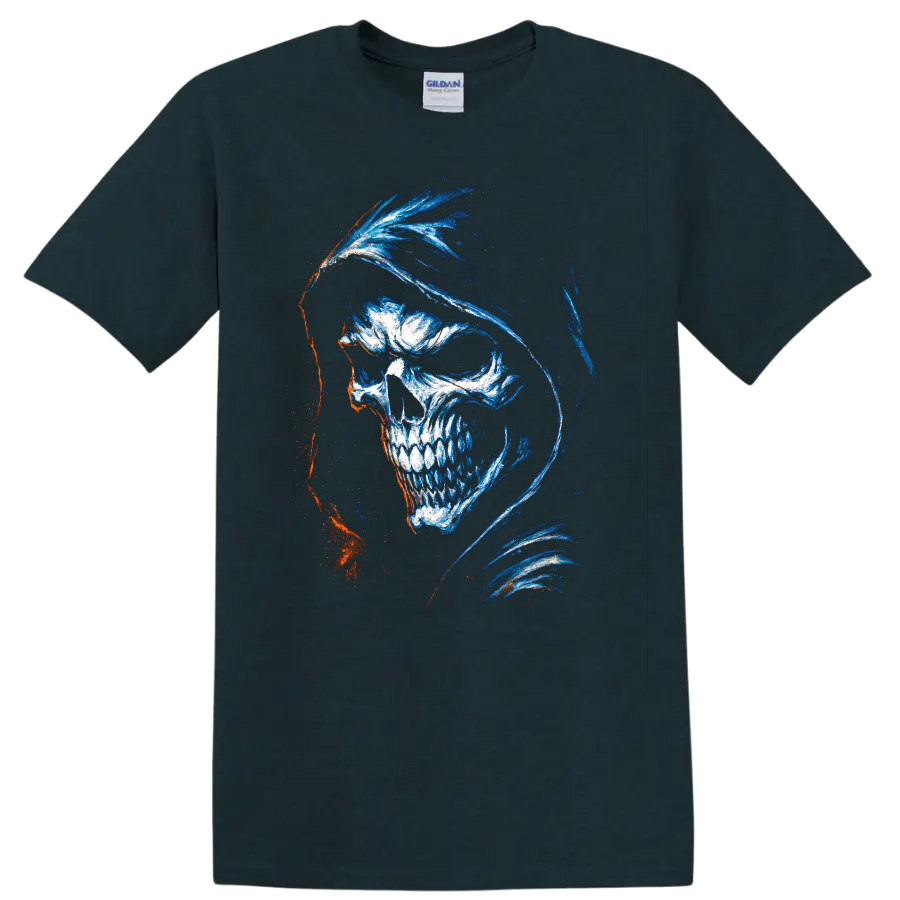 Hooded skull gothic horror graphic art with blue, white, and orange accents on a Midnight (Green) T Shirt