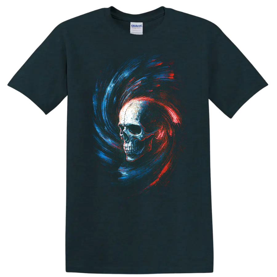Gothic skull graphic with red and blue swirling brushstrokes on a Midnight (Green) T Shirt