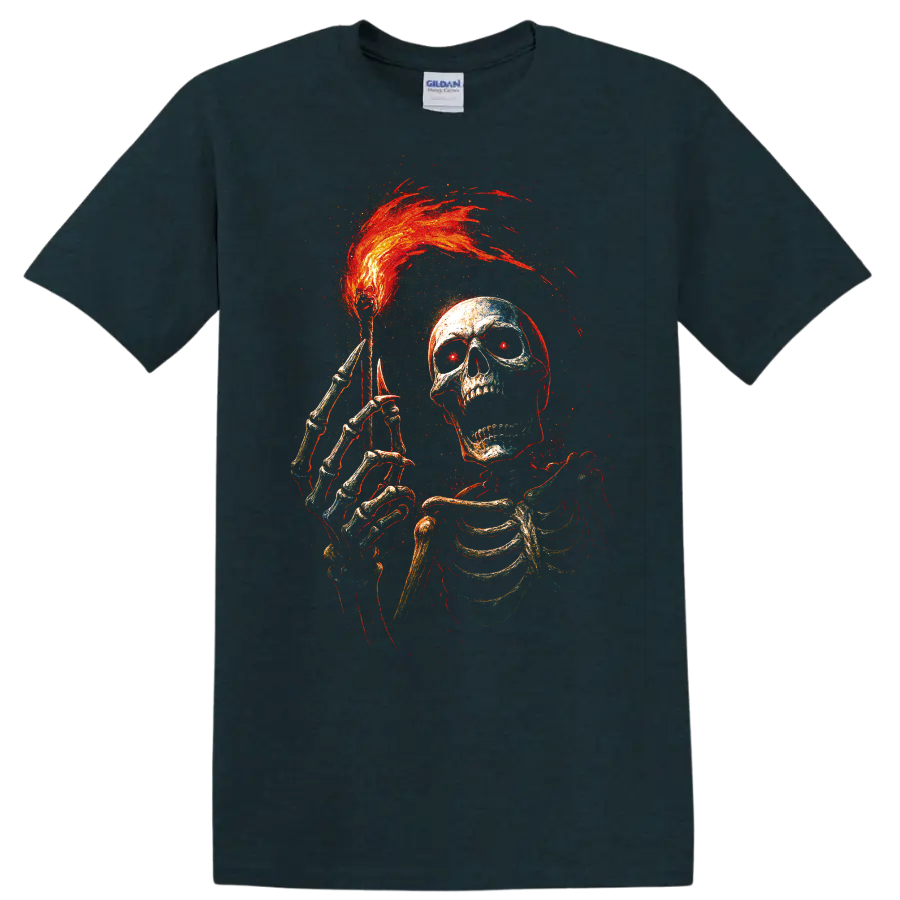 Flaming skull and skeleton gothic horror graphic with red and orange flames on a Midnight (Green) T Shirt