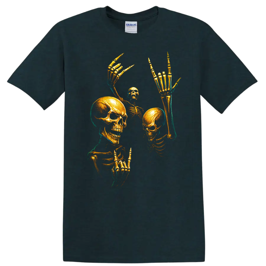 Gold skull skeleton gothic horror graphic with raised bony hands on a Midnight (Green) T Shirt