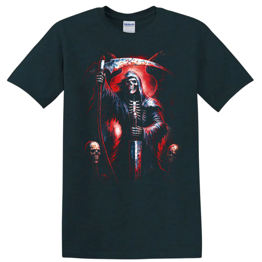 Grim reaper skull holding a scythe in distressed gothic horror art on a Midnight (Green) T Shirt