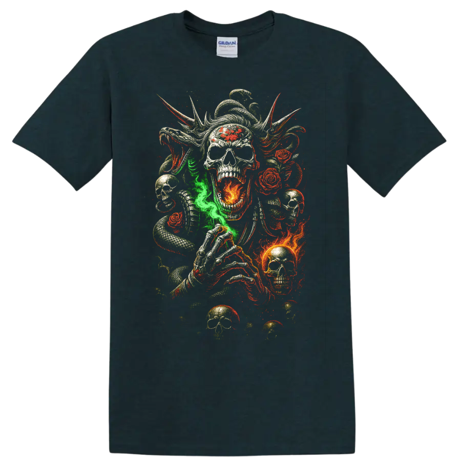Gothic skull with snakes, roses, flames, and skeletal hand graphic on a Midnight (Green) T Shirt