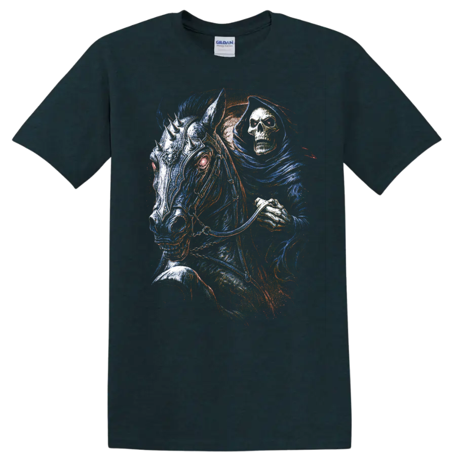 Colorful gothic skull horse and grim reaper fantasy illustration on a Midnight (Green) T Shirt