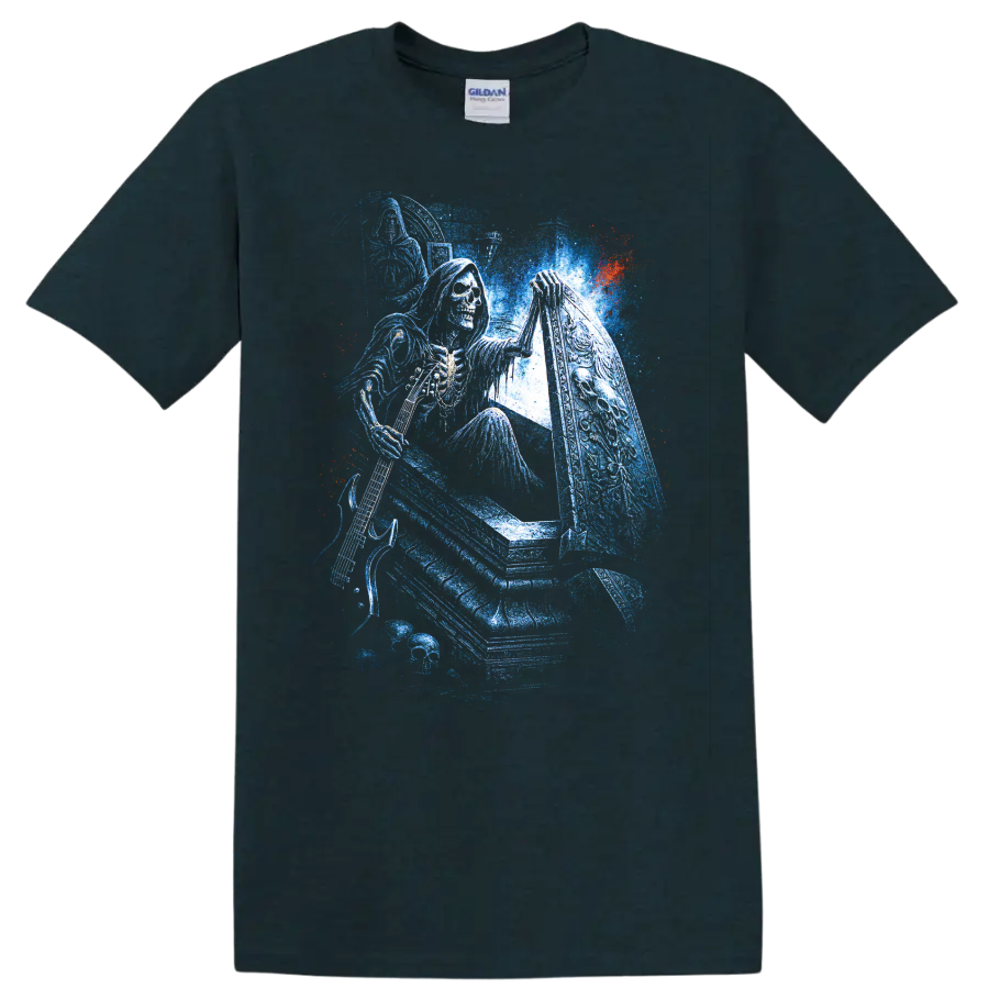 Hooded skull grim reaper beside a coffin in distressed blue gothic art on a Midnight (Green) T Shirt