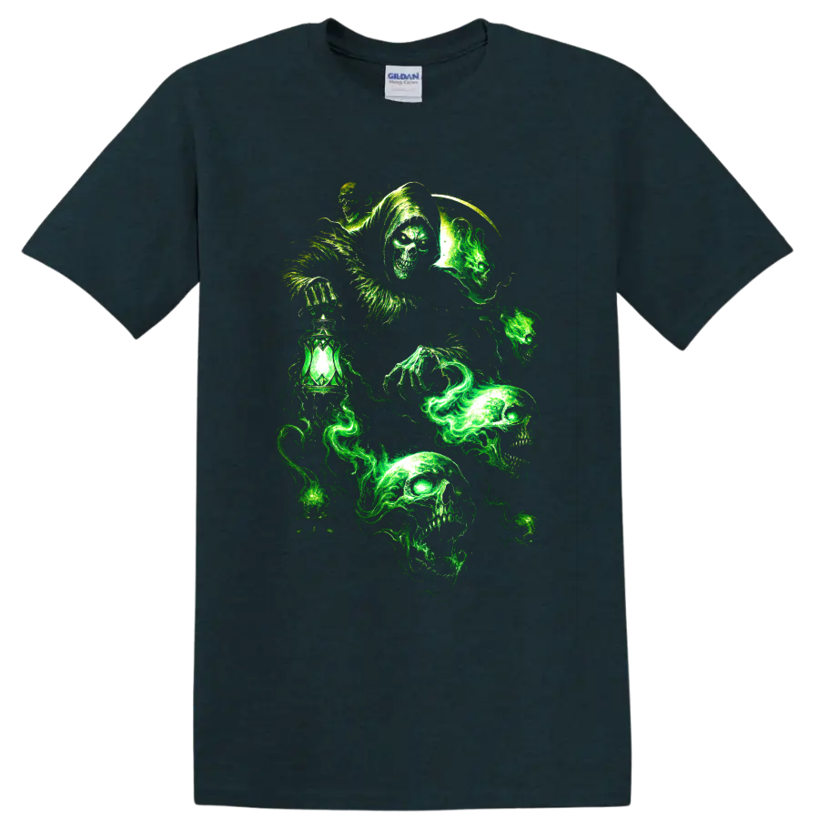 Glowing green gothic skulls with a hooded figure and lantern on a Midnight (Green) T Shirt