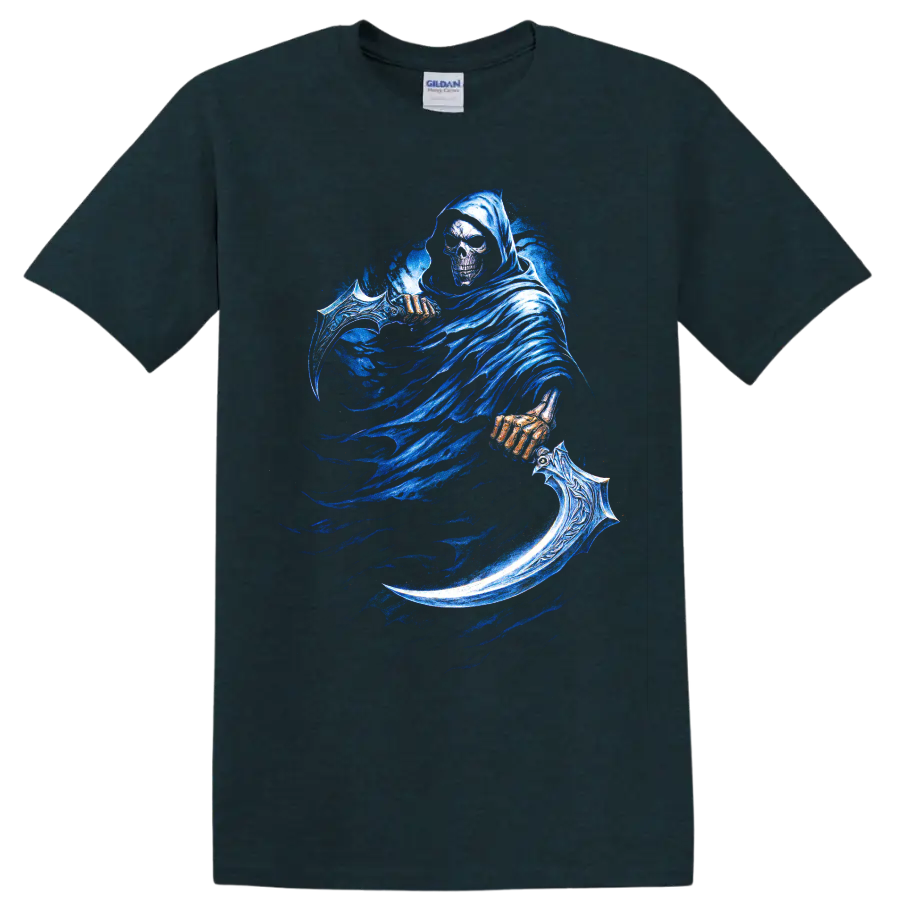 Hooded Grim Reaper skull with ornate blue scythe gothic graphic on a Midnight (Green) T Shirt