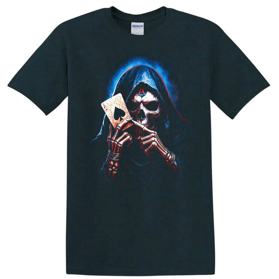 Hooded skeleton holding an ornate death mask, gothic horror graphic on a Midnight (Green) T Shirt