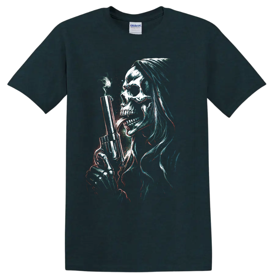 Long-haired skull holding a handgun in distressed glitch gothic art on a Midnight (Green) T Shirt