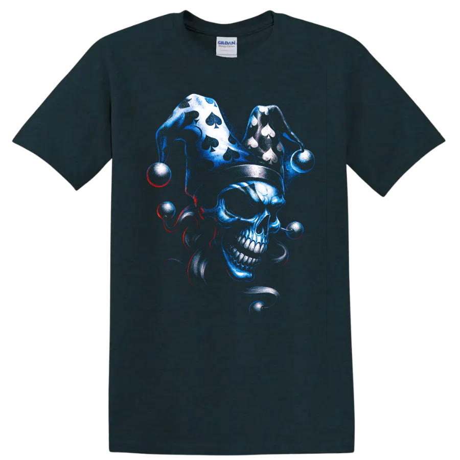 Blue skull jester with playing-card symbols and gothic swirling accents on a Midnight (Green) T Shirt