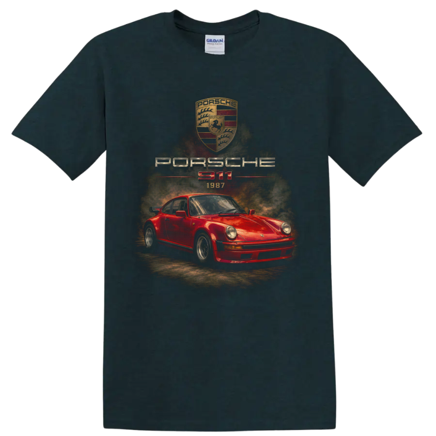 Vintage red Porsche 911 1987 sports car graphic with crest and lettering on a Midnight (Green) T Shirt