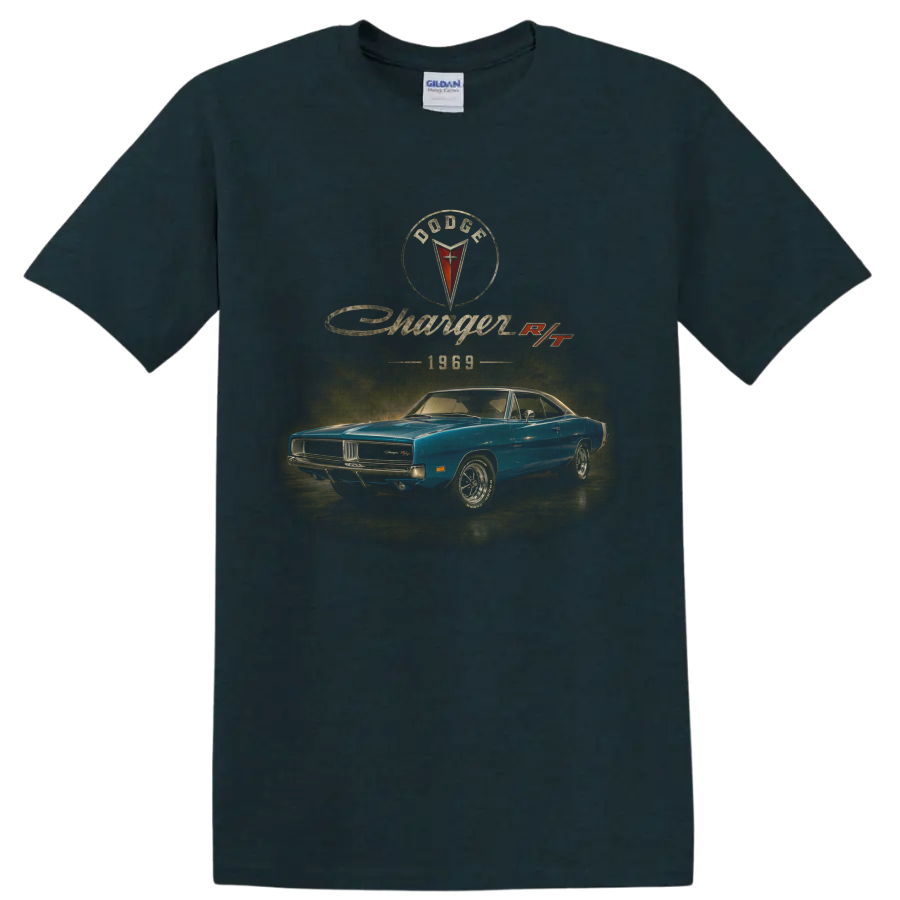 1969 Dodge Charger RT vintage blue muscle car graphic with retro lettering on a Midnight (Green) T Shirt