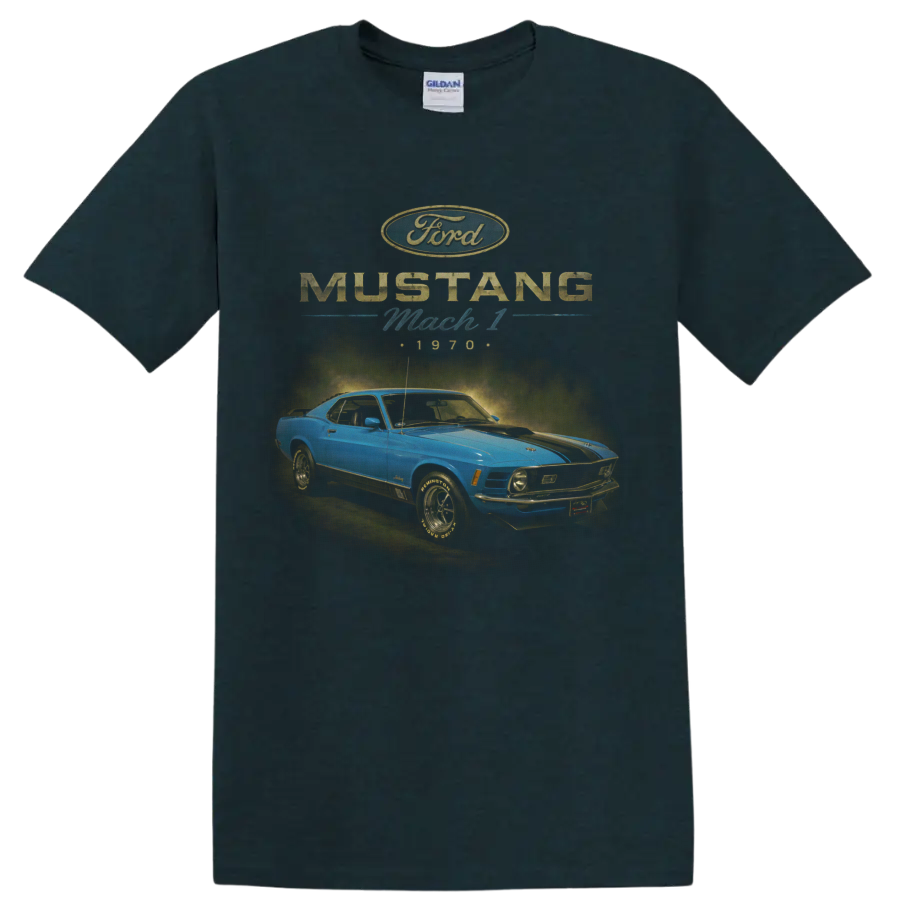1970 Ford Mustang Mach 1 blue classic car graphic with retro lettering on a Midnight (Green) T Shirt