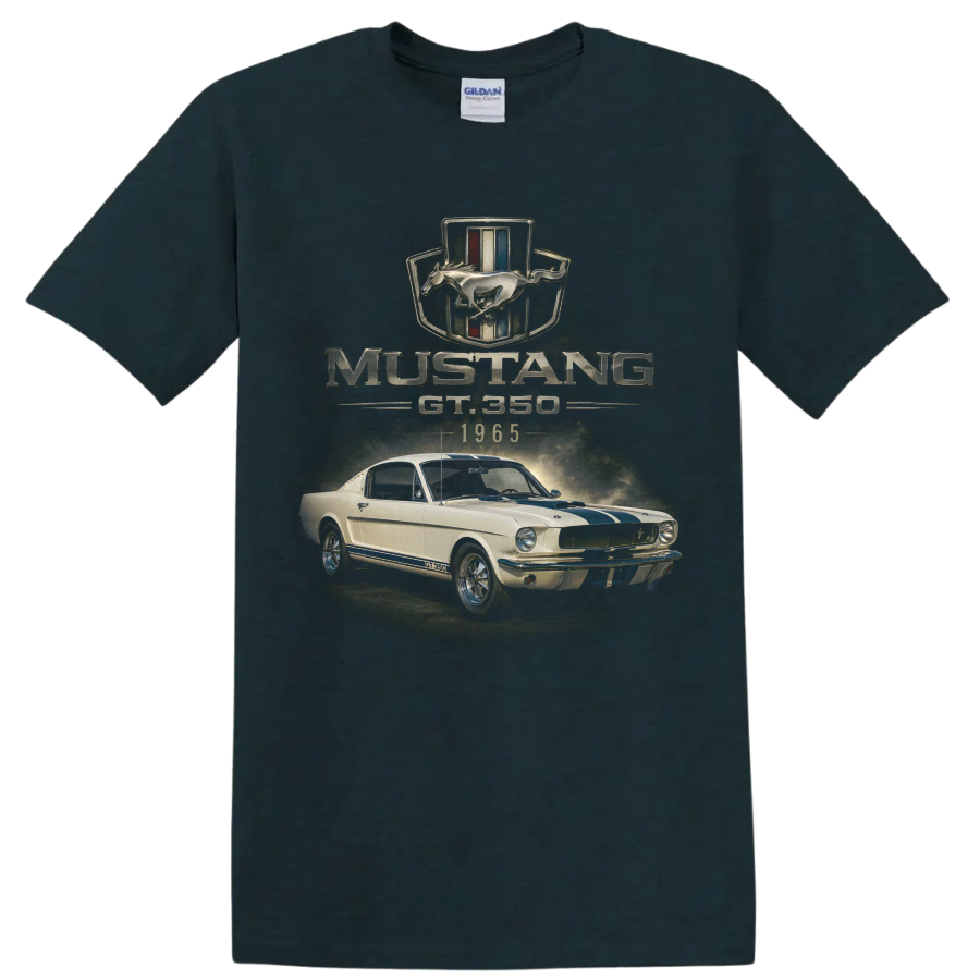 1965 Ford Mustang GT350 vintage fastback car graphic with blue stripes on a Midnight (Green) T Shirt