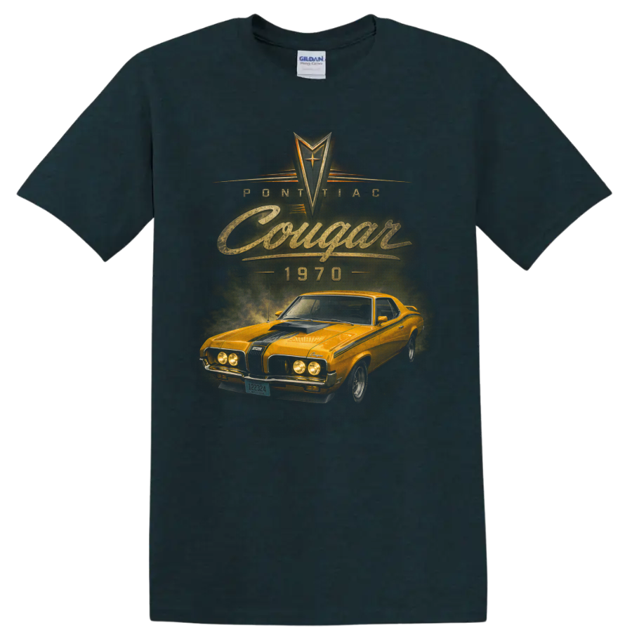 1970 Mercury Cougar vintage orange muscle car graphic with Cougar text on a Midnight (Green) T Shirt