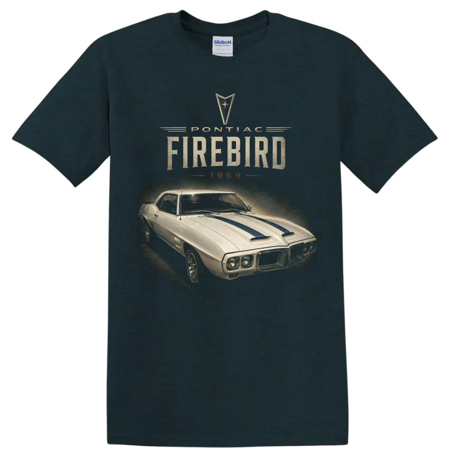 1969 Pontiac Firebird vintage muscle car graphic with blue hood stripes on a Midnight (Green) T Shirt